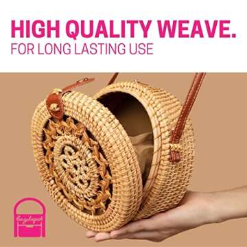 BAGDEPOT Handwoven Round Rattan Purse | Crossbody Wicker Purse for Women with Genuine Leather Straps Perfect for Summer Beach (Sunflower)