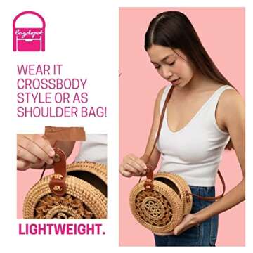 BAGDEPOT Handwoven Round Rattan Purse | Crossbody Wicker Purse for Women with Genuine Leather Straps Perfect for Summer Beach (Sunflower)
