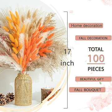 Fall Decor Natural Pampas Grass 100PCS Bouquet Decorations Home Decor Long-Lasting Dried Flowers Bouquet for Boho Home Decor (Fall Style - 100pcs)