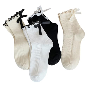 BonjourMrsMr Women's Bow Socks Ruffle Casual Crew Socks - 4 Pairs