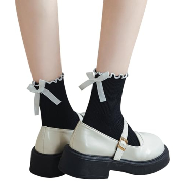BonjourMrsMr Women's Bow Socks Ruffle Crew Socks for All Seasons