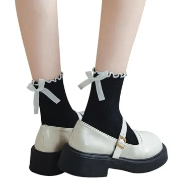 BonjourMrsMr Women's Bow Socks Ruffle Crew Socks for All Seasons