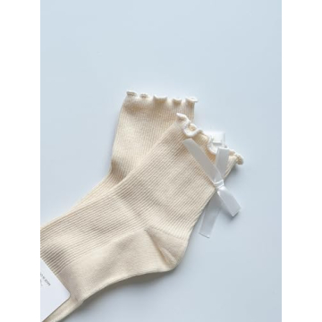 BonjourMrsMr Women's Bow Socks Ruffle Crew Socks for All Seasons