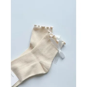 BonjourMrsMr Women's Bow Socks Ruffle Crew Socks for All Seasons