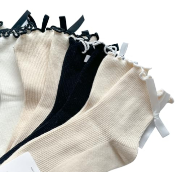 BonjourMrsMr Women's Bow Socks Ruffle Crew Socks for All Seasons