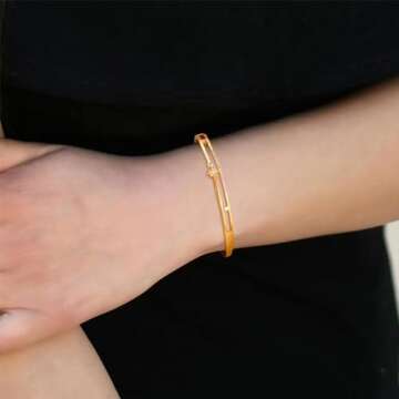 E Gold Bracelets for Women, 14K Gold Plated Bangles Bracelets with Cubic Zirconia Stones Lightweight Everyday Jewelry for Valentine's Day Wedding Birthday