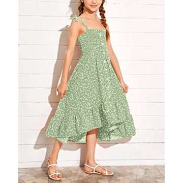 Rolmama Girls Summer Dress Kids Sleeveless Tie Strap Boho Beach Midi Dress Smocked Ruffle Flowy Sund...