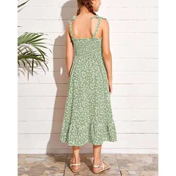 Rolmama Girls Summer Dress Kids Sleeveless Tie Strap Boho Beach Midi Dress Smocked Ruffle Flowy Sundresses Green