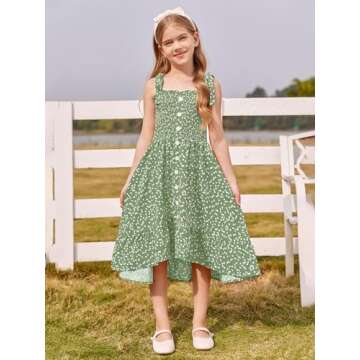 Rolmama Girls Summer Dress Kids Sleeveless Tie Strap Boho Beach Midi Dress Smocked Ruffle Flowy Sundresses Green