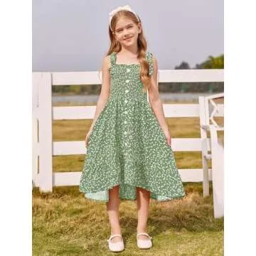 Rolmama Girls Summer Dress Kids Sleeveless Tie Strap Boho Beach Midi Dress Smocked Ruffle Flowy Sundresses Green