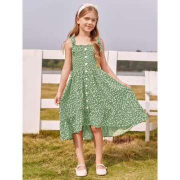 Rolmama Girls Summer Dress Kids Sleeveless Tie Strap Boho Beach Midi Dress Smocked Ruffle Flowy Sundresses Green