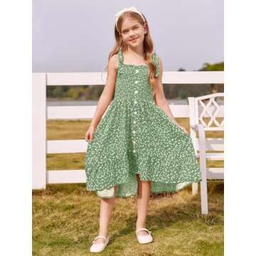 Rolmama Girls Summer Dress Kids Sleeveless Tie Strap Boho Beach Midi Dress Smocked Ruffle Flowy Sundresses Green