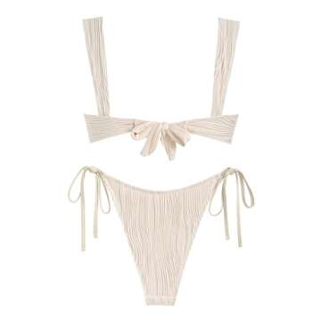 ZAFUL Women's Cinched Bikini Solid Color Wave Textured Knotted Tied Side Two Piece Swimsuit Bathing Suits (Light Coffee, M)