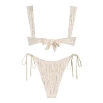 ZAFUL Women's Cinched Bikini Solid Color Wave Textured Knotted Tied Side Two Piece Swimsuit Bathing Suits (Light Coffee, M)