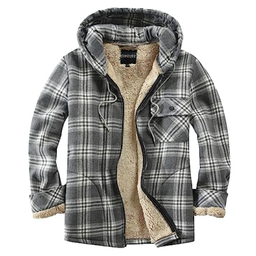 Elesuit Mens Long Sleeve Brushed Cotton Fleece Flannel Jacket Shirts with Hood Grey Medium