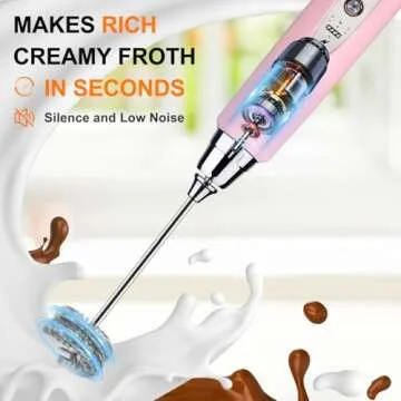 YUSWKO Pink Milk Frother Handheld with 3 Heads, Coffee Whisk Drink Foam Mixer with USB Rechargeable 3 Speeds, Electric Hand Frother for Latte, Cappuccino, Hot Chocolate, Egg