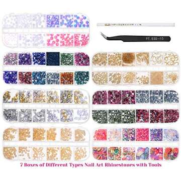 Anezus 7 Boxes Nail Rhinestones Nail Art Supplies Nail Studs 3D Nail Gems Jewels with Pickup Tools f...