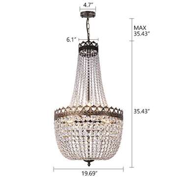 Wellmet Crystal Chandelier Lights, 9 Lights French Empire Chandelier Lighting High Ceiling Hanging Pendant Light Fixture for Dining Living Room Foyer Kitchen Bedroom, Antique Bronze 19.69'' W