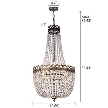 Wellmet Crystal Chandelier Lights, 9 Lights French Empire Chandelier Lighting High Ceiling Hanging Pendant Light Fixture for Dining Living Room Foyer Kitchen Bedroom, Antique Bronze 19.69'' W