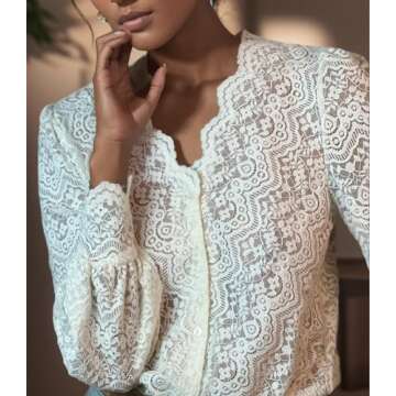 LUXVEER Dressy Lace Tops for Women Blouses for Women Casual V Neck Button Down Shirts for Women Ivory, Small