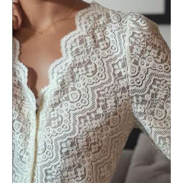 LUXVEER Dressy Lace Tops for Women Blouses for Women Casual V Neck Button Down Shirts for Women Ivory, Small