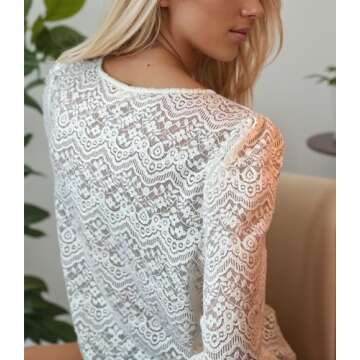 LUXVEER Dressy Lace Tops for Women Blouses for Women Casual V Neck Button Down Shirts for Women Ivory, Small