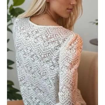 LUXVEER Dressy Lace Tops for Women Blouses for Women Casual V Neck Button Down Shirts for Women Ivory, Small