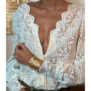 LUXVEER Dressy Lace Tops for Women Blouses for Women Casual V Neck Button Down Shirts for Women Ivory, Small