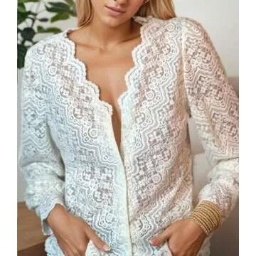 LUXVEER Dressy Lace Tops for Women Blouses for Women Casual V Neck Button Down Shirts for Women Ivory, Small