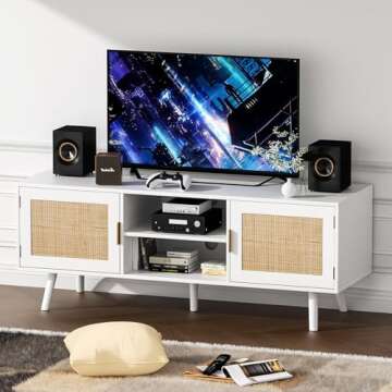 Anmytek Farmhouse Rattan TV Stand for 55 Inches TV Mid Century Modern Entertainment Center with Stor...