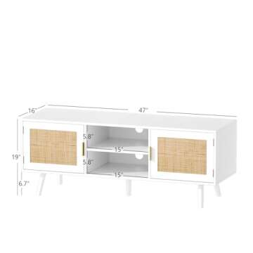 Anmytek Farmhouse Rattan TV Stand for 55 Inches TV Mid Century Modern Entertainment Center with Storage Cabinet Wood Small Media Console for Living Room White H0055