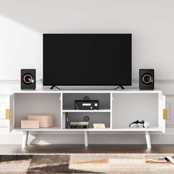 Anmytek Farmhouse Rattan TV Stand for 55 Inches TV Mid Century Modern Entertainment Center with Storage Cabinet Wood Small Media Console for Living Room White H0055