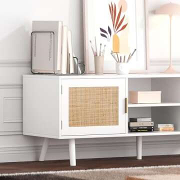 Anmytek Farmhouse Rattan TV Stand for 55 Inches TV Mid Century Modern Entertainment Center with Storage Cabinet Wood Small Media Console for Living Room White H0055