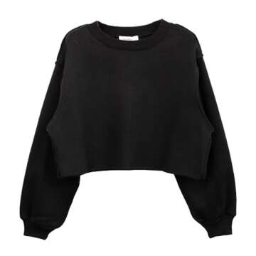 Amazhiyu Women Cropped Sweatshirt Long Sleeves Pullover Fleece Crop Tops Black, Small