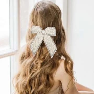 Large Pearl Rhinestone Hair Bow Clips- Full Sparkling Pearls with Crystal Stone Around Handmade Metal Barrettes Oversized Ribbons Butterfly Bride Hair Clips Accessories for Women Girls (White)