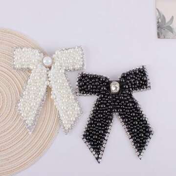 Large Pearl Rhinestone Hair Bow Clips- Full Sparkling Pearls with Crystal Stone Around Handmade Metal Barrettes Oversized Ribbons Butterfly Bride Hair Clips Accessories for Women Girls (White)