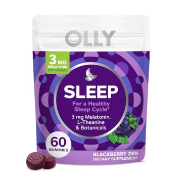 OLLY Sleep Gummy, 3 mg Melatonin, L-Theanine, Chamomile, and Lemon Balm Extracts, Blackberry Flavor, 30 Day Supply - 60 Count (Packaging May Vary)