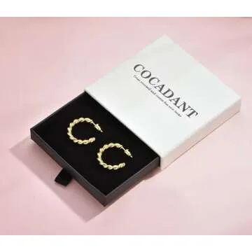 Cocadant Twisted Gold Hoop Earrings for Women,Hypoallergenic Sterling Silver Post 14K Real Gold Plated Open Thick Small Rope Hoop Earrings Lightweight