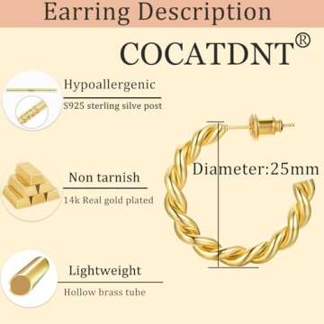 Cocadant Twisted Gold Hoop Earrings for Women,Hypoallergenic Sterling Silver Post 14K Real Gold Plated Open Thick Small Rope Hoop Earrings Lightweight