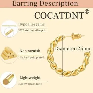 Cocadant Twisted Gold Hoop Earrings for Women,Hypoallergenic Sterling Silver Post 14K Real Gold Plated Open Thick Small Rope Hoop Earrings Lightweight