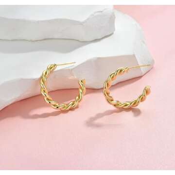 Cocadant Twisted Gold Hoop Earrings for Women,Hypoallergenic Sterling Silver Post 14K Real Gold Plated Open Thick Small Rope Hoop Earrings Lightweight