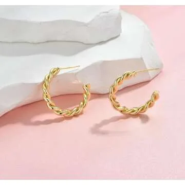 Cocadant Twisted Gold Hoop Earrings for Women,Hypoallergenic Sterling Silver Post 14K Real Gold Plated Open Thick Small Rope Hoop Earrings Lightweight