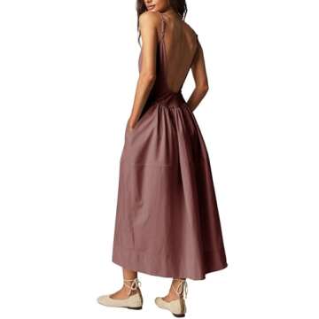 Fisoew Womens Spaghetti Strap Dress V Neck Backless Summer Casual A Line Cami Dress with Pocket Coff...