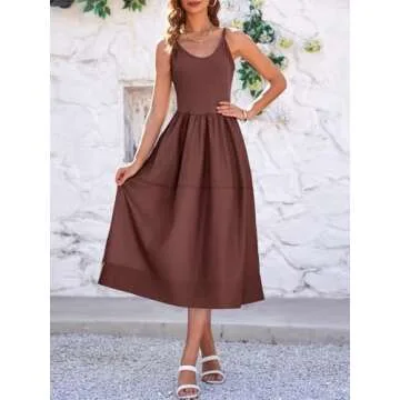 Fisoew Womens Spaghetti Strap Dress V Neck Backless Summer Casual A Line Cami Dress with Pocket Coffee