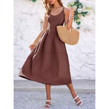 Fisoew Womens Spaghetti Strap Dress V Neck Backless Summer Casual A Line Cami Dress with Pocket Coffee
