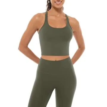 Lavento Women's Racerback Sports Bras Yoga Crop Top with Built in Bra (Brushed Olive Green, 10)