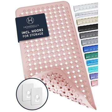 Homerella 1pc 34.5 x 15.5 inches Anti-Slip Bathtub Mat and 1pc 21 x 21 inches Non Slip Shower Mat, Machine Washable, INCL. Hooks for Hanging (Rose)