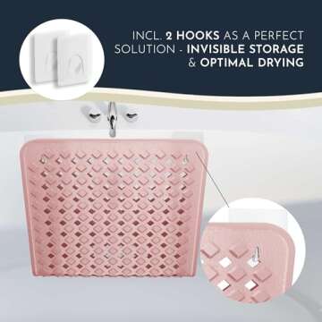 Homerella 1pc 34.5 x 15.5 inches Anti-Slip Bathtub Mat and 1pc 21 x 21 inches Non Slip Shower Mat, Machine Washable, INCL. Hooks for Hanging (Rose)