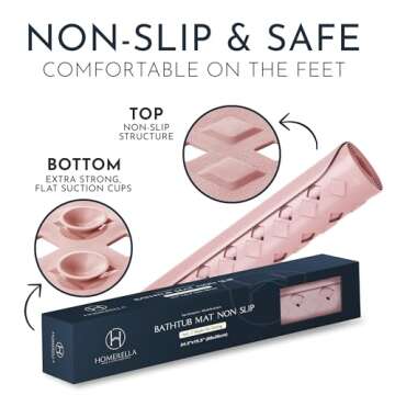 Homerella 1pc 34.5 x 15.5 inches Anti-Slip Bathtub Mat and 1pc 21 x 21 inches Non Slip Shower Mat, Machine Washable, INCL. Hooks for Hanging (Rose)
