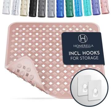 Homerella 1pc 34.5 x 15.5 inches Anti-Slip Bathtub Mat and 1pc 21 x 21 inches Non Slip Shower Mat, Machine Washable, INCL. Hooks for Hanging (Rose)